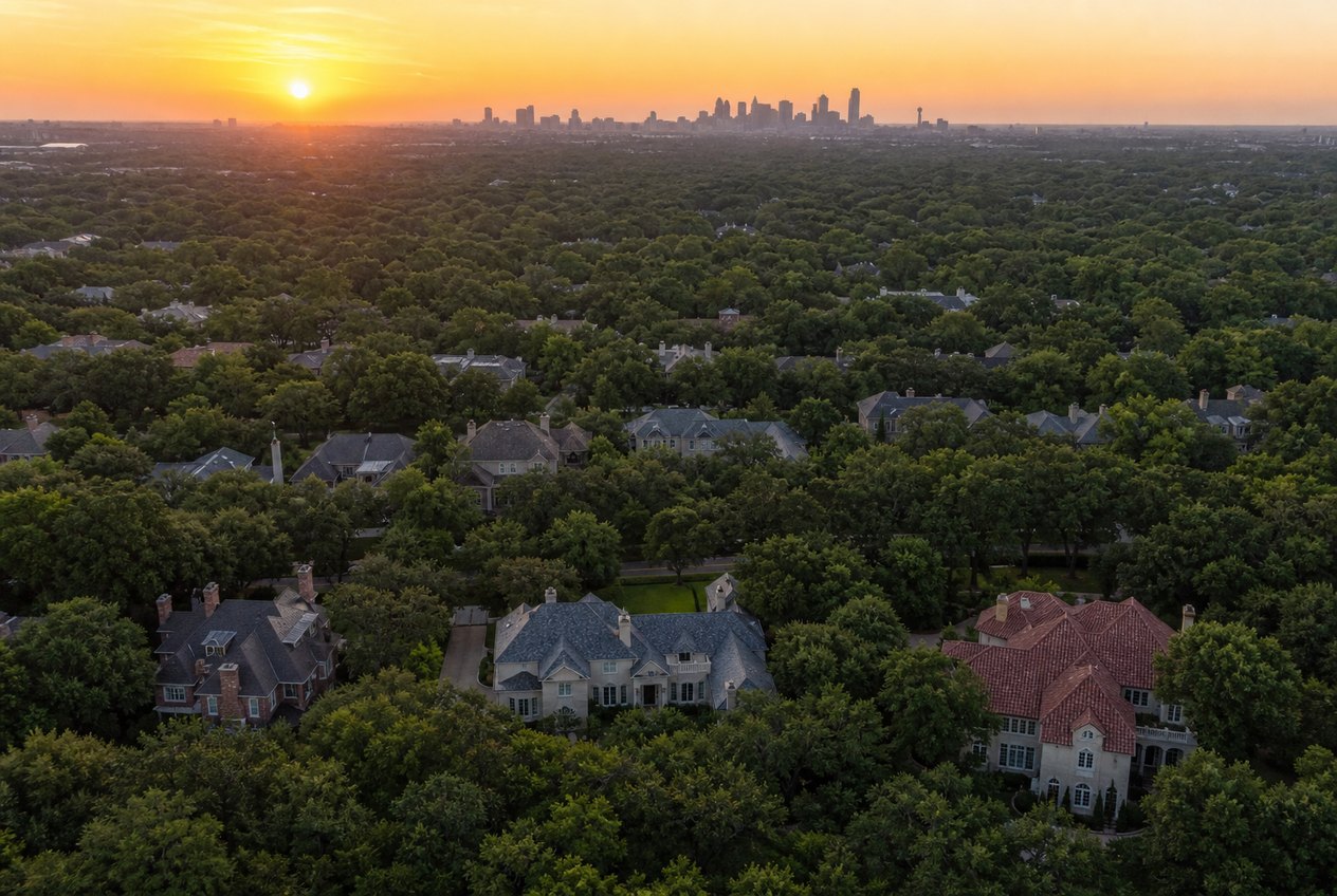 Dallas neighborhood street lined with mature trees
